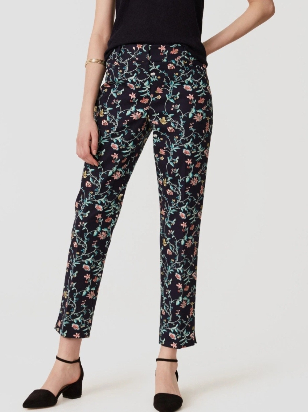 LOFT Riviera Pant Navy Floral Sateen Ankle Pants Casual Workwear Size 8 Tall